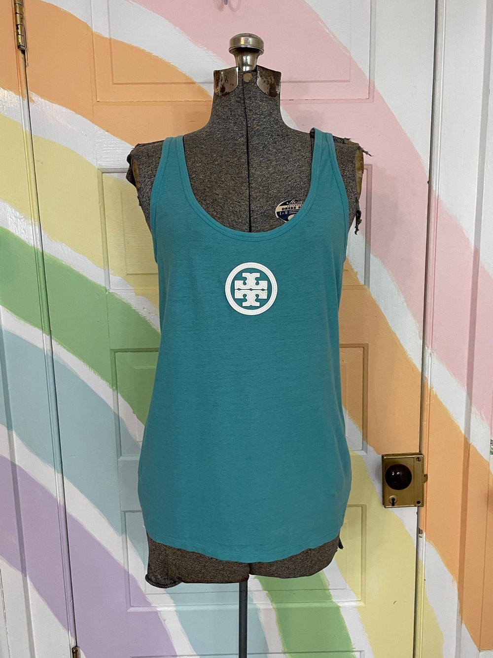 Tory Burch Teal Cotton Tank Top w White Leather Logo Medallion Sz S 💛🎀